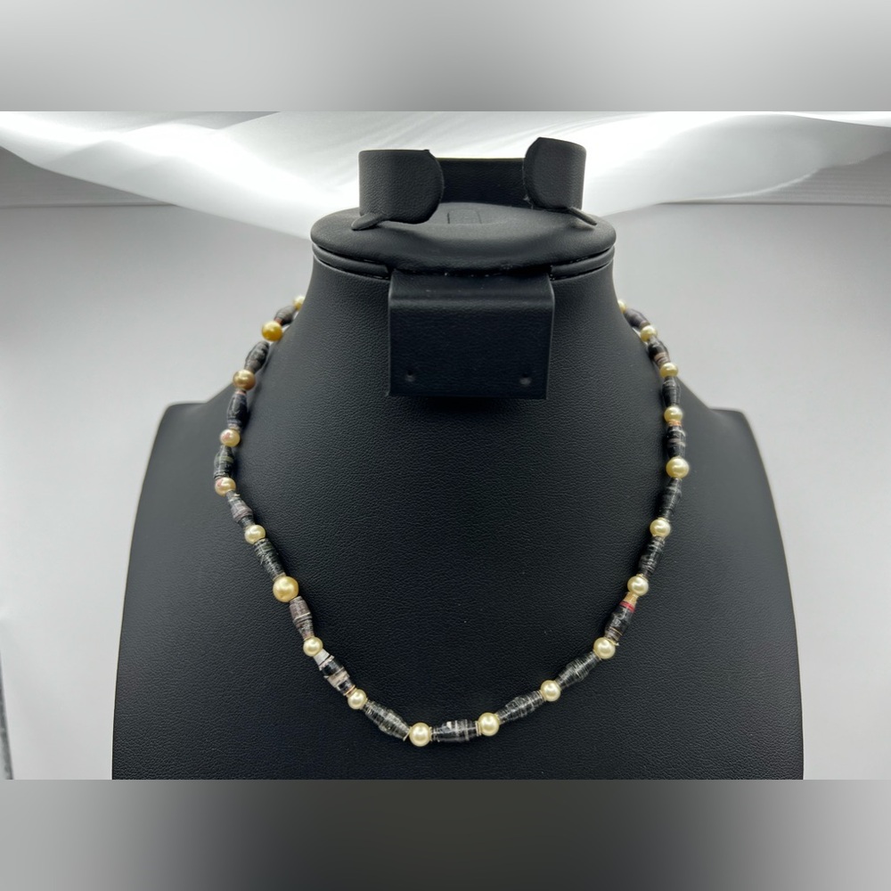 Vintage Hand Rolled Paper Beads with Faux Pearls Choker